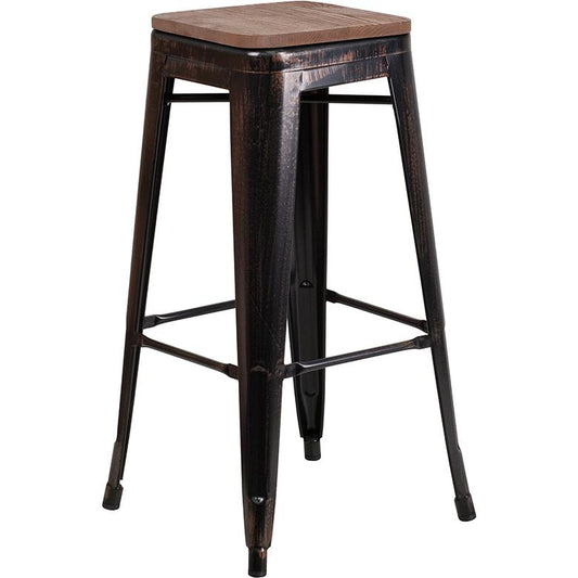 30" High Backless Black-Antique Gold Metal Barstool with Square Wood Seat