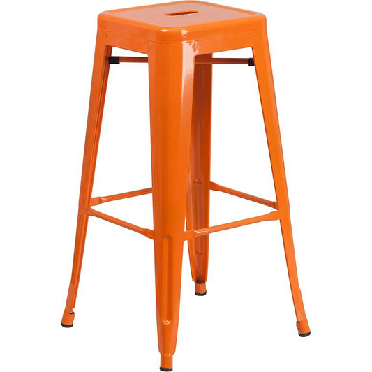Commercial Grade 30" High Backless Orange Metal Indoor-Outdoor Barstool with Square Seat