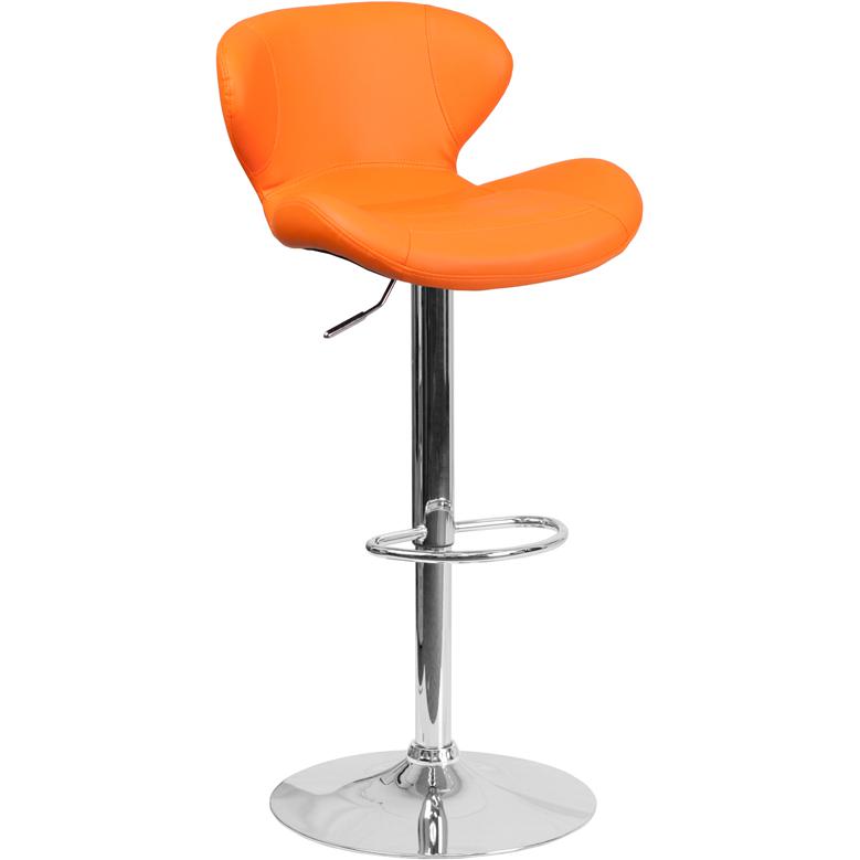 Contemporary Orange Vinyl Adjustable Height Barstool with Curved Back and Chrome Base