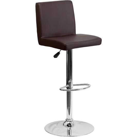 Contemporary Brown Vinyl Adjustable Height Barstool with Panel Back and Chrome Base