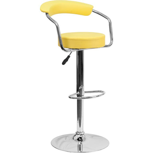 Contemporary Yellow Vinyl Adjustable Height Barstool with Arms and Chrome Base