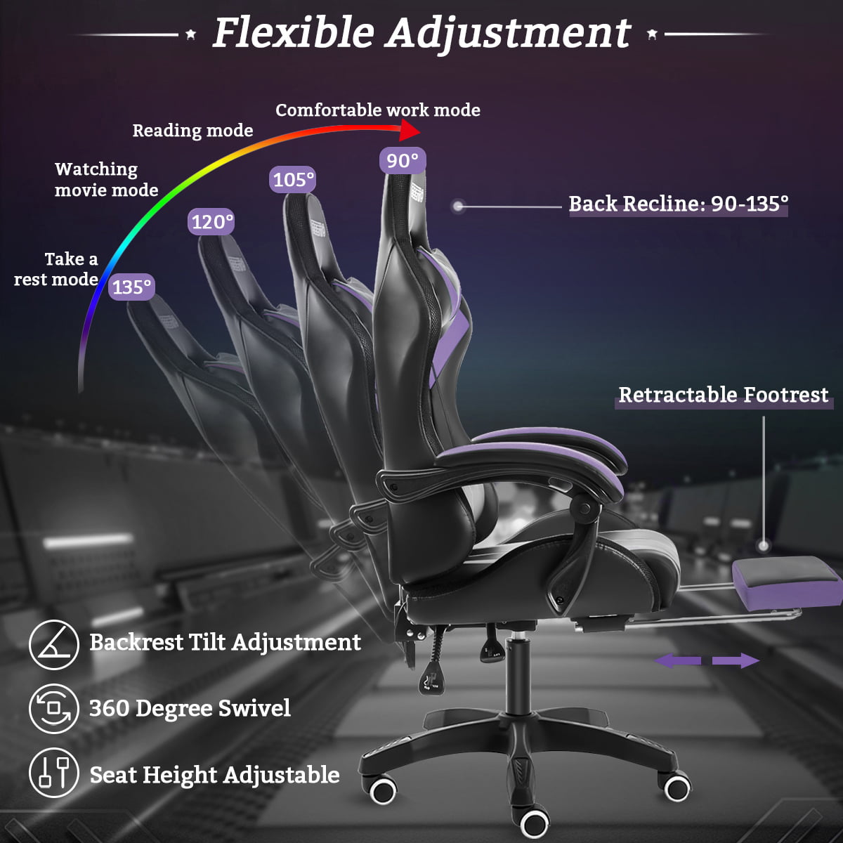 450LBS Load RGB Lighted Massage Gaming Chair, High Back Computer Chair with Footrest and Lumbar Support, Height Adjustable Gaming Chair with 360 Degree Swivel Seat and Headrest for Boys Girls Gaming