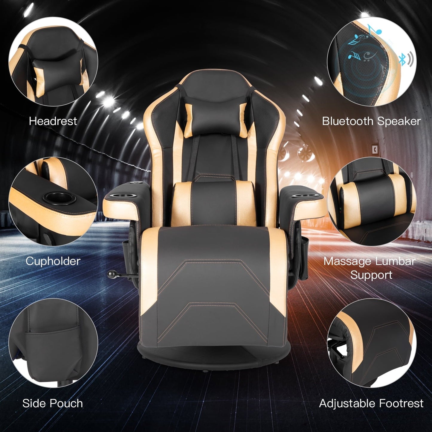 Gaming Chair Massage Ergonomic High Back Swivel Recliner Office Computer Chair with Bluetooth Speakers, Cupholder, Headrest, Lumbar Support, Adjustable Backrest and Footrest, Black Gold