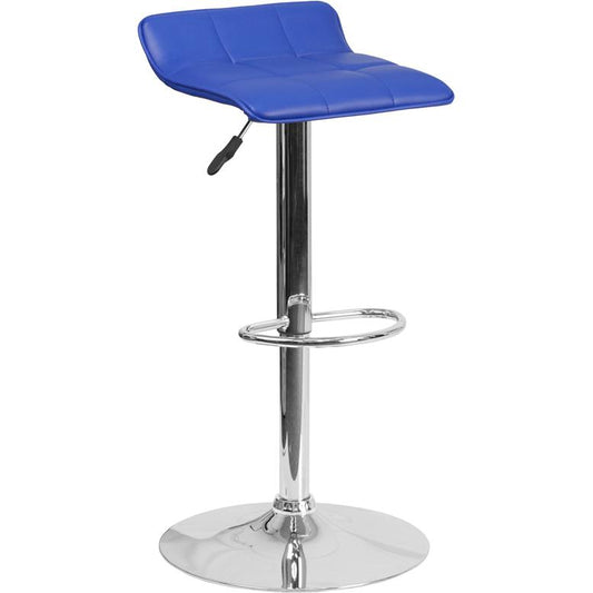 Contemporary Blue Vinyl Adjustable Height Barstool with Quilted Wave Seat and Chrome Base