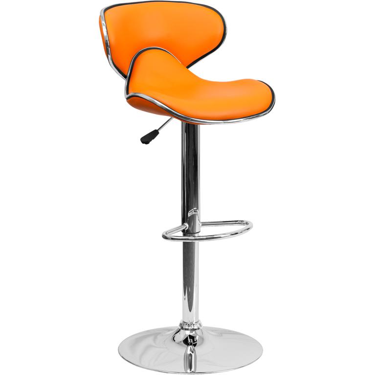 Contemporary Cozy Mid-Back Orange Vinyl Adjustable Height Barstool with Chrome Base