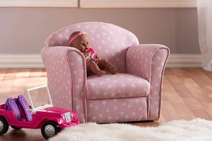 Erica Modern and Contemporary Pink and White Heart Patterned Fabric Upholstered Kids Armchair
