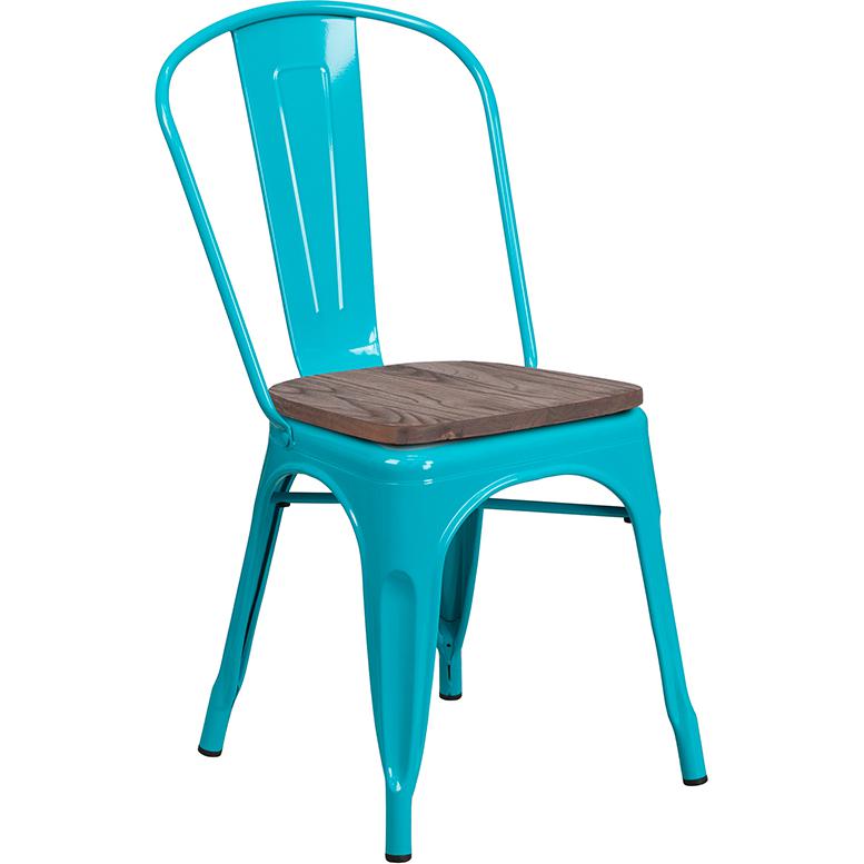 Crystal Teal-Blue Metal Stackable Chair with Wood Seat