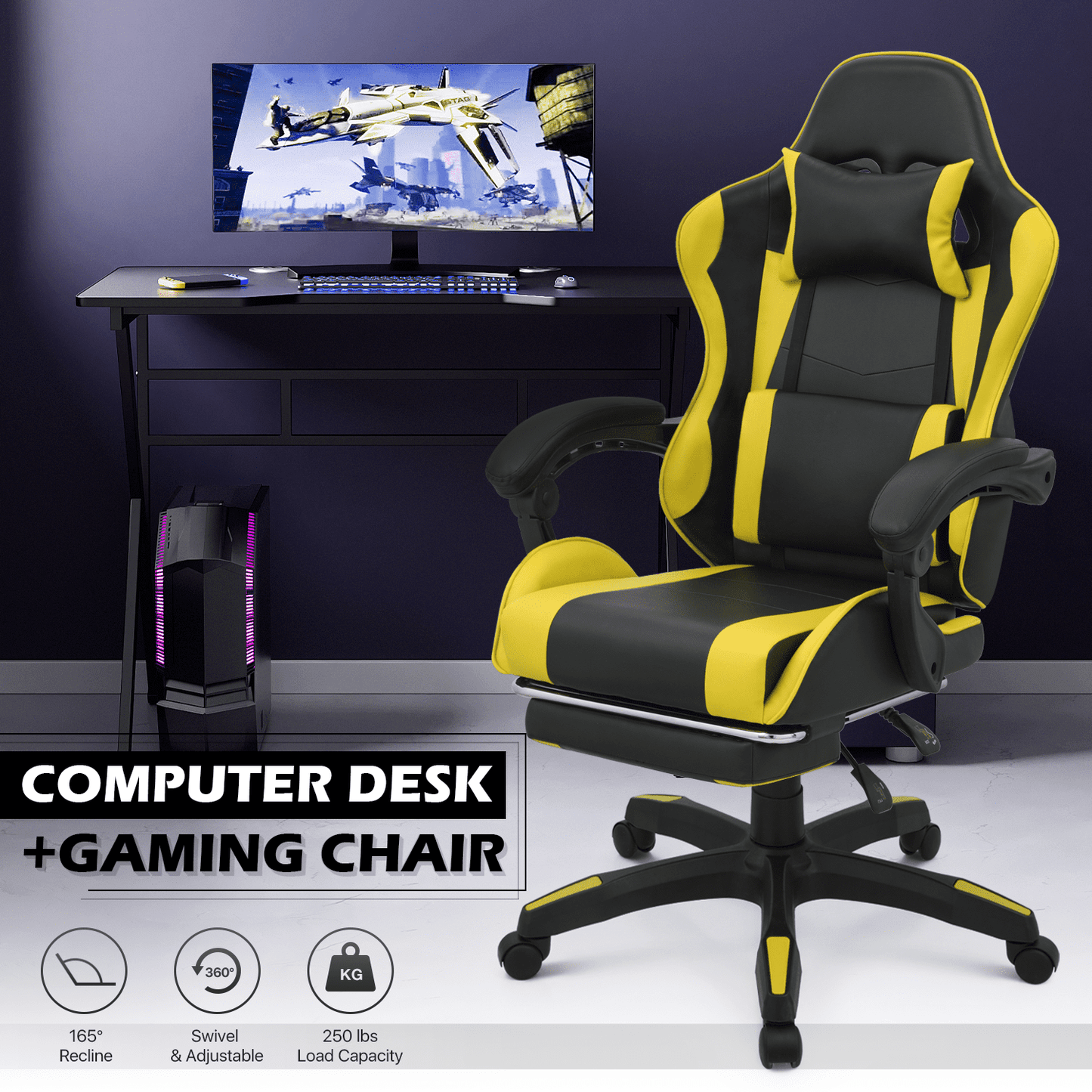 MoNiBloom Portable Standing Laptop Table with Host Rack and Ergonomic Gaming Chair with Footrest Recliner for Home Office