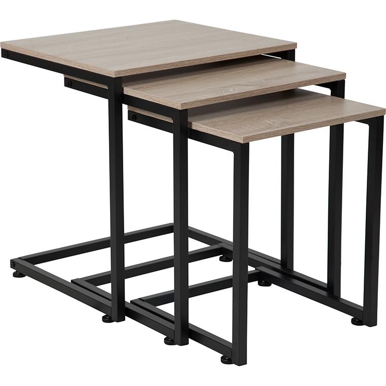 Midtown Sonoma Oak Wood Grain Finish Nesting Tables-Black Metal Cantilever Base
